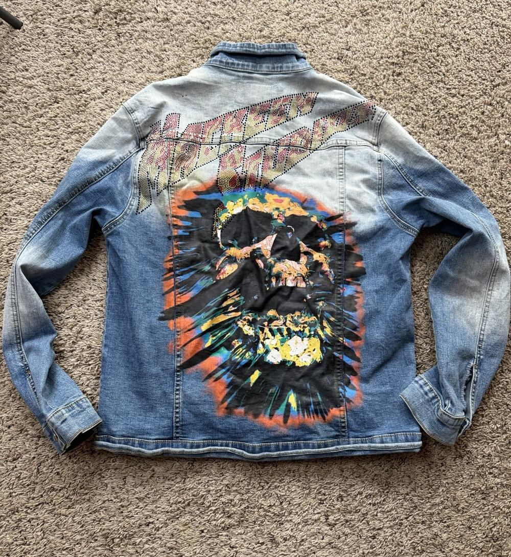 MacKeen Woman Denim Jacket Painted And rhinestones Skull Size L
